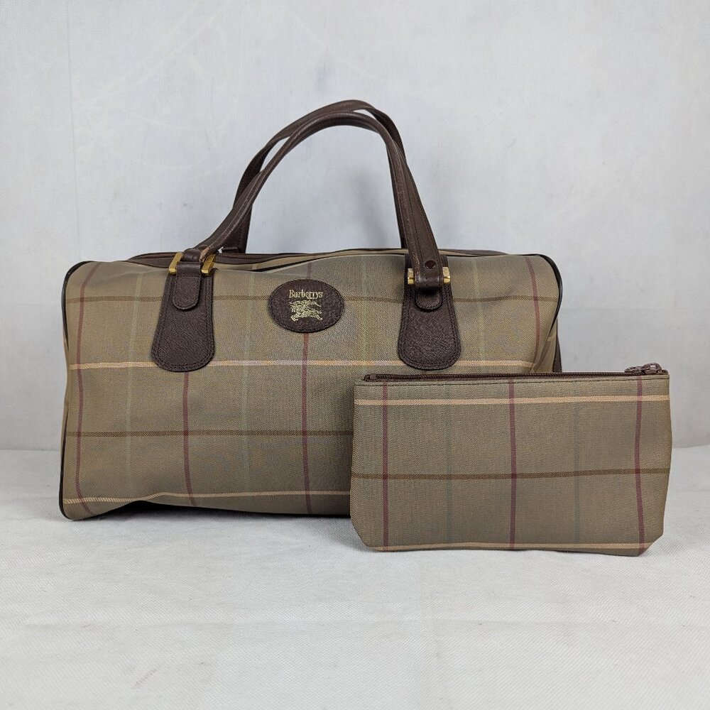 Rare vintage Burberrys Nova Check Canvas Leather Boston travel Bag Green.